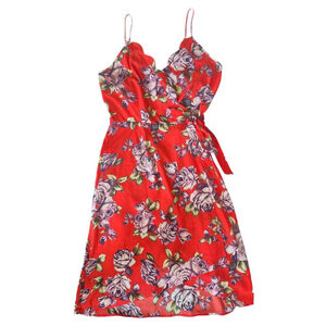 Monteau Red-Orange Rose Floral Scallop Neck Wrap Dress M | Sleeveless Tie Waist